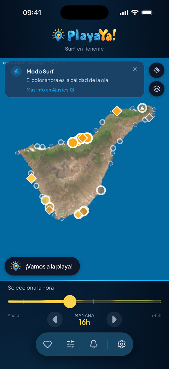 PlayaYa! in modalità Surf: mappa di Tenerife con 21 break come rombi e la loro qualità dell’onda