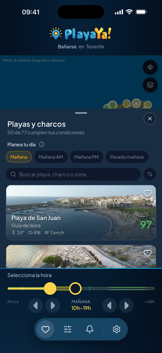 PlayaYa!, fascia oraria: barra a due cursori e pin col punteggio della fascia
